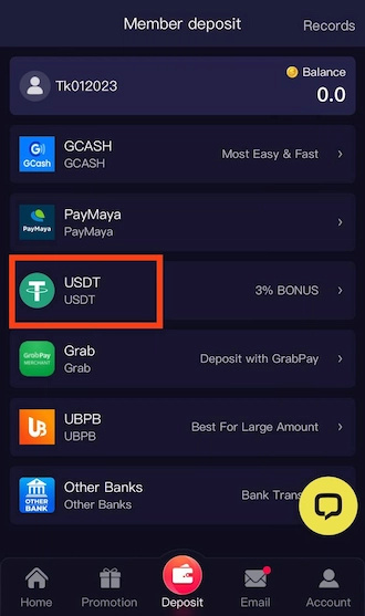 Step 1: choose the payment method via USDT.